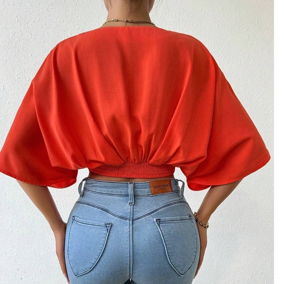 Vibrant Orange Button detail shirred Kimono Sleeve Blouse - Picture 9 of 11
